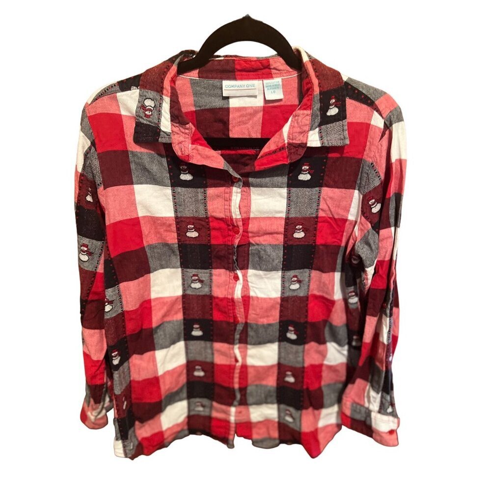 Women's Buffalo Plaid Snowman Embroidered Flannel Shirt Large